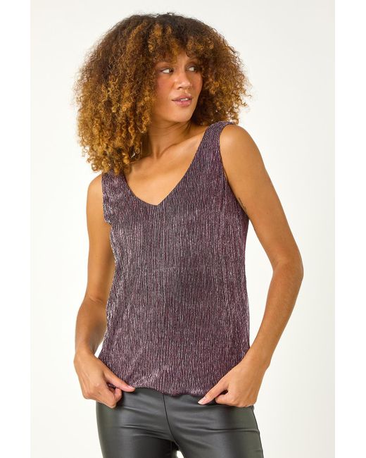 Roman Pink V-Neck Metallic Plisse Vest Top