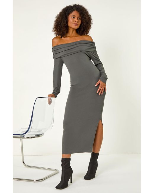 D.u.s.k Gray Off The Shoulder Stretch Bardot Midi Dress