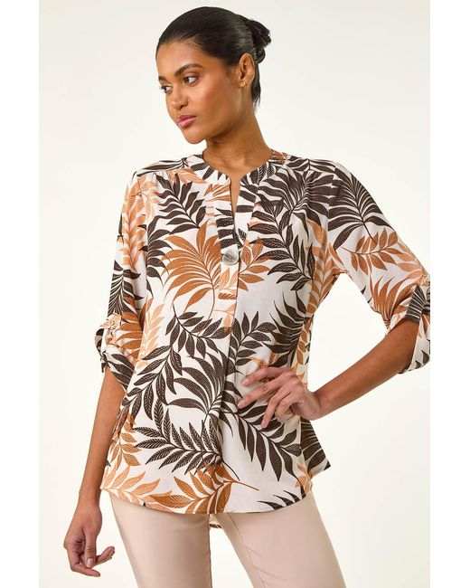 Roman Brown Leaf Print V-Neck Stretch Shirt