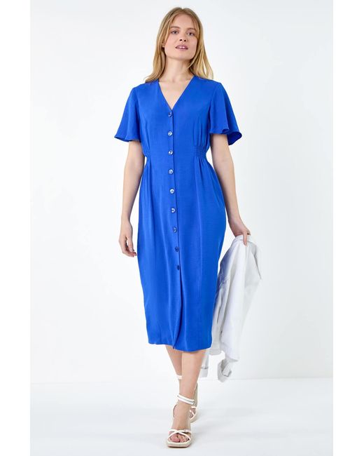 Roman Blue Button Through Shirred Midi Dress