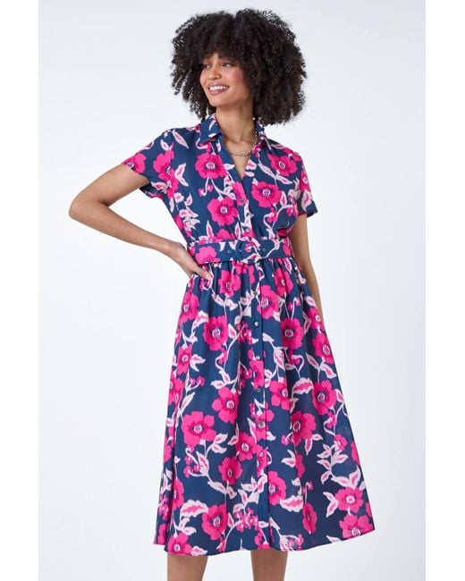 Roman Pink Floral Linen Look Belted Shirt Dress