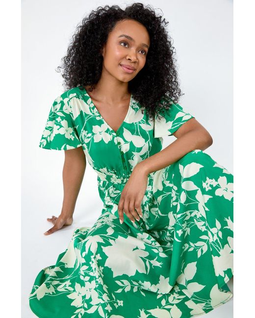 Roman Green Originals Petite Leaf Print Shirred Midi Dress
