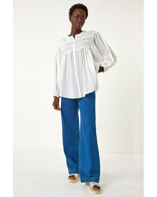 Roman Blue Pleat Detail Button Through Blouse