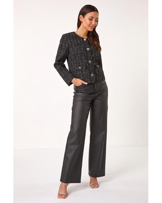 Roman Black Collarless Buttoned Boucle Jacket