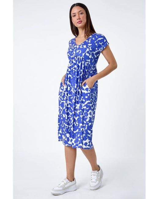 Roman Blue Abstract Print Stretch Pocket T-shirt Dress
