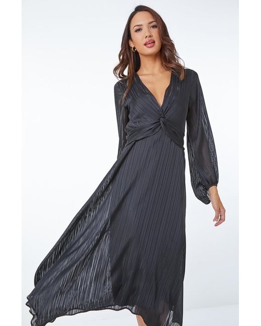Roman Black Metallic Stripe Chiffon Twist Front Midi Dress