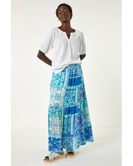 Roman Blue Patchwork Shimmer Tiered Maxi Skirt