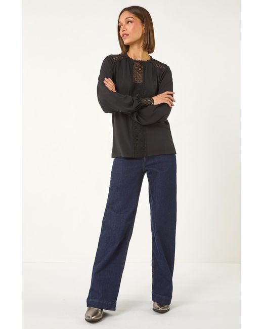 Roman Black Lace Trim Detail Stretch Top
