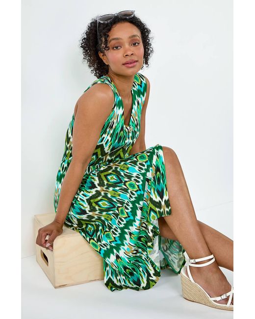 Roman Petite Green Aztec Button Stretch Midi Dress