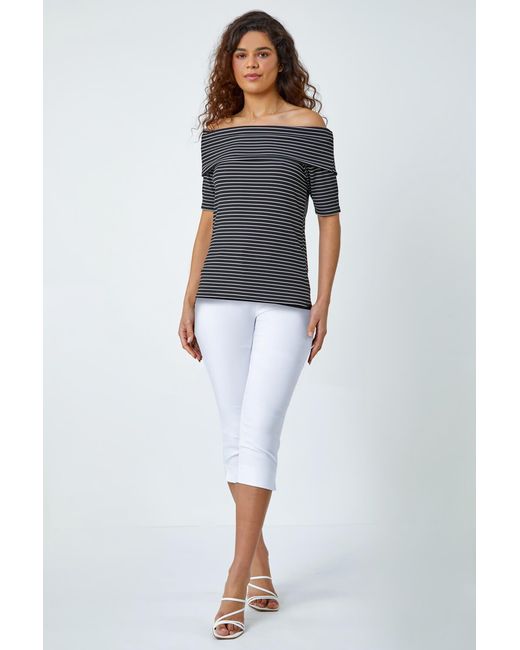 Roman Blue Stripe Ribbed Stretch Bardot Top