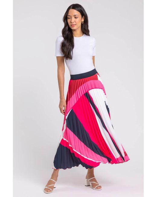 Roman Pink Colourblock Print Pleated Maxi Skirt