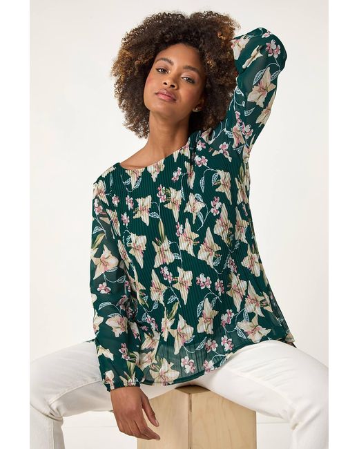Roman Green Floral Print Pleated Tunic Top