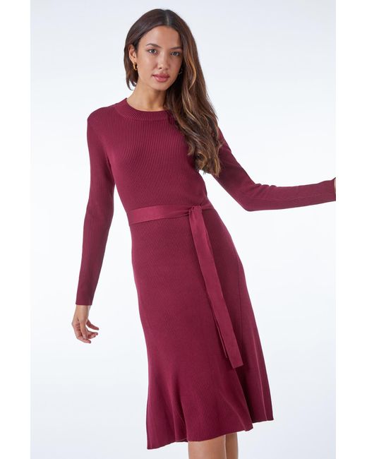Roman Red Belted Knitted Midi Dress