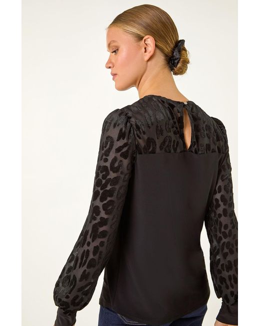 Roman Blue Animal Print Velvet Puff Sleeve Jersey Top