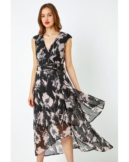 Roman Black Embellished Floral Print Tiered Midi Dress