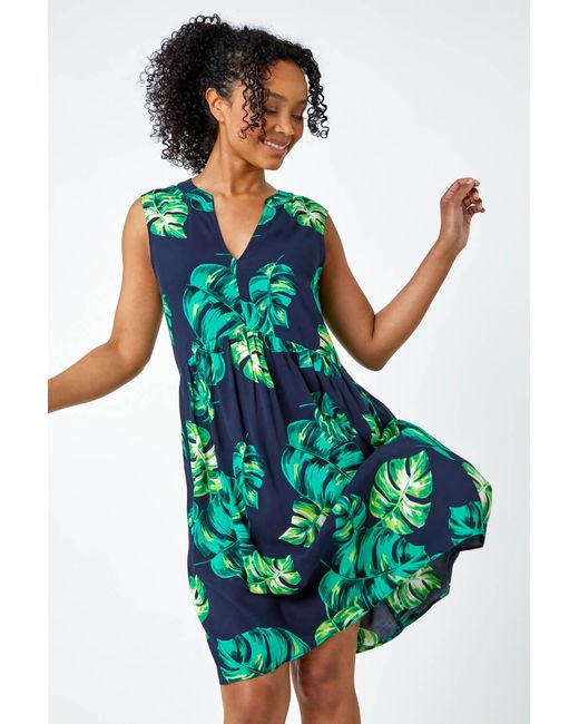 Roman Petite Green Tropical Print Smock Dress
