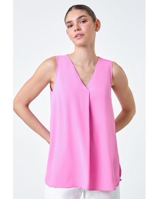 Roman Pink V-Neck Sleeveless Pleat Vest Top
