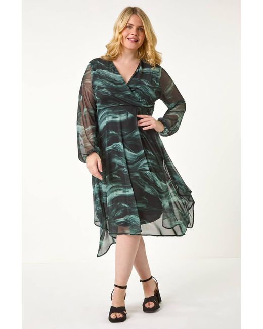 Roman Curve Green Abstract Print Wrap Stretch Midi Dress