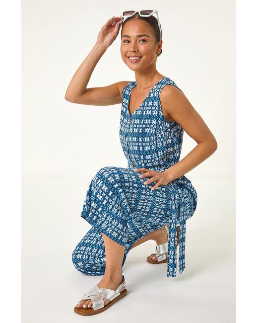 Roman Petite Blue Buttoned Cropped Jumpsuit