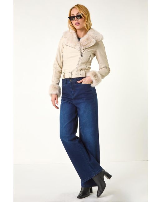 D.u.s.k Natural Faux Fur Pu Biker Jacket