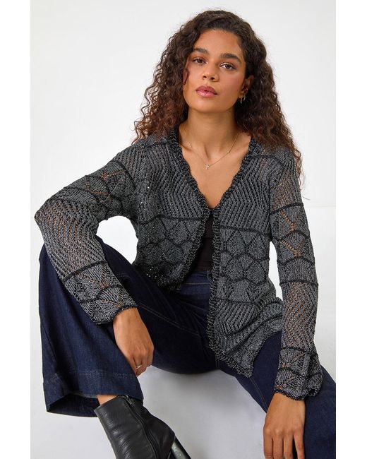 Roman Black Shimmer Crew Neck Knit Cardigan