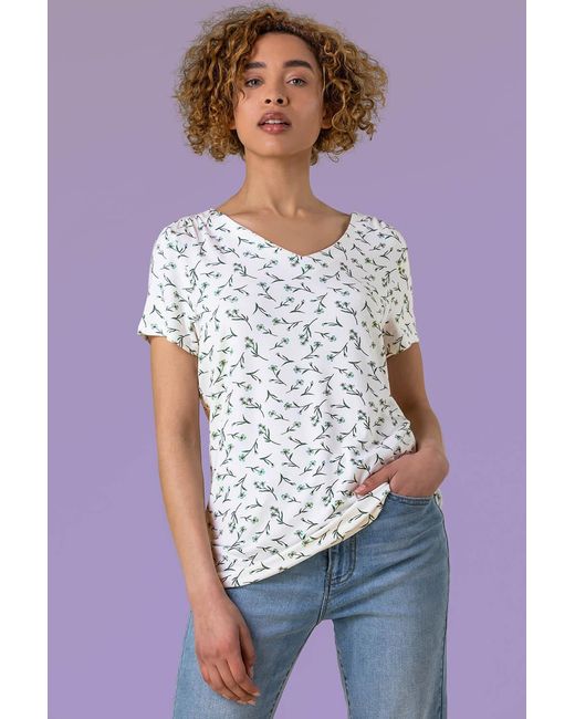 Roman White Floral Print V-Neck T-Shirt