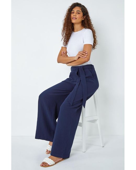 Roman Blue Textured Cotton Wide Leg Trousers