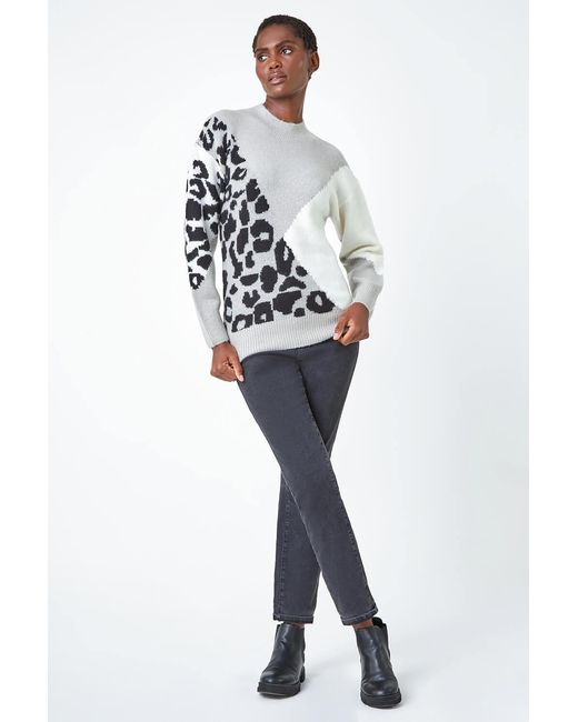 Roman Gray Colour Block Animal Print Stretch Jumper