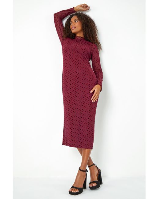 D.u.s.k Red Polka Dot Mesh Stretch Bodycon Midi Dress