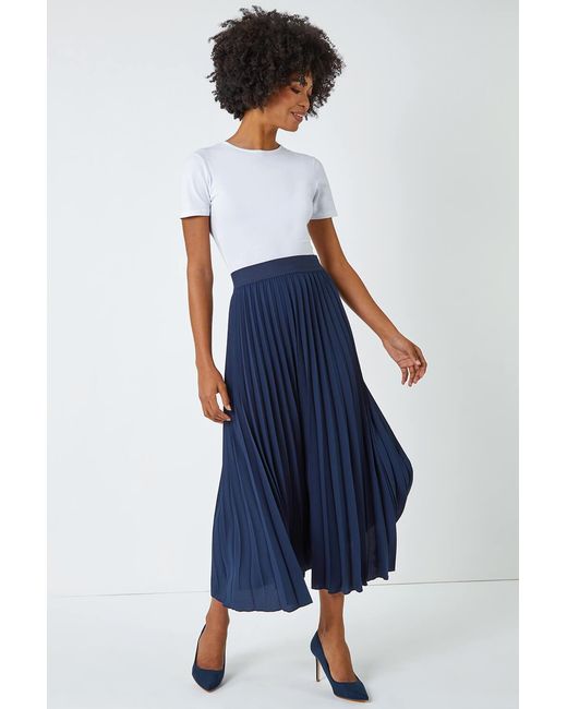 Roman Blue Pleated Elastic Waist Maxi Stretch Skirt