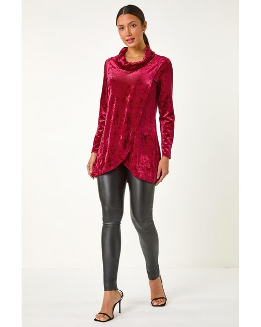 Roman Red Velvet Cowl Neck Stretch Top