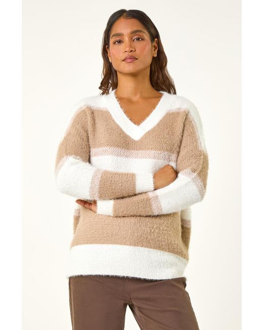 Roman Natural V-Neck Stripe Knit Jumper