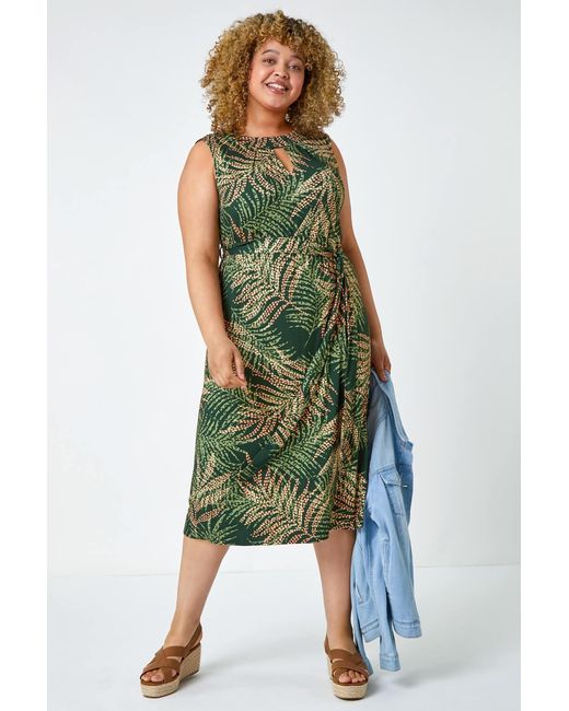 Roman Curve Green Leaf Print Tie Detail Dress