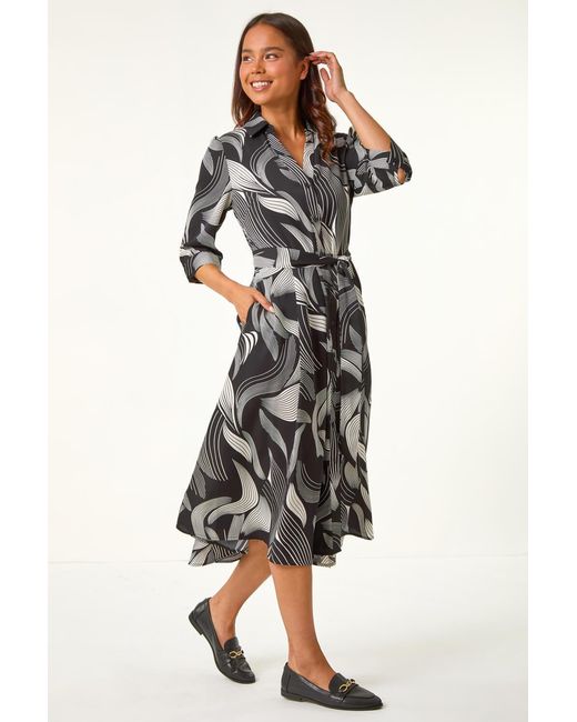 Roman Petite Black Graphic Belt Detail Midi Shirt Dress