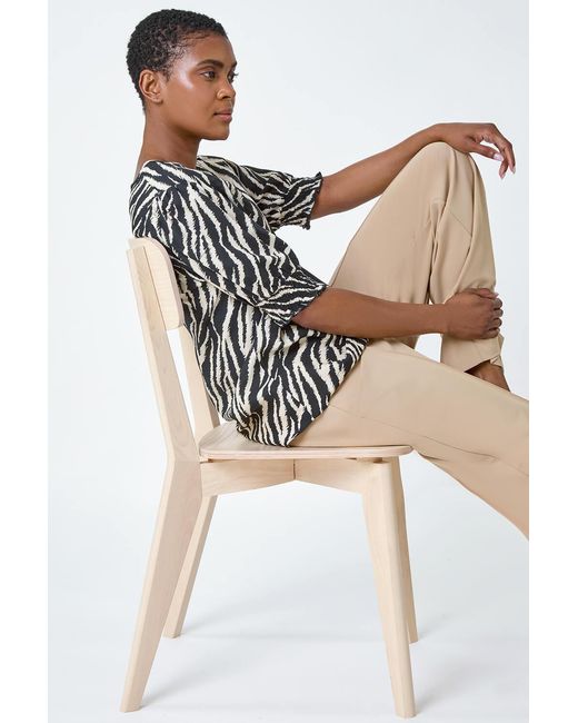 Roman Black Animal Print Shirred V-Neck Top