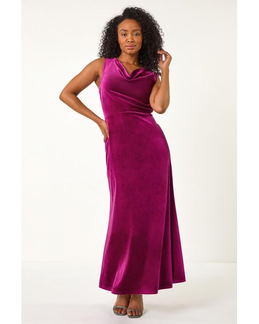 Roman Petite Purple Cowl Neck Velvet Stretch Maxi Dress