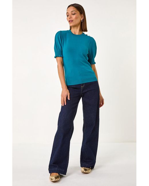 Roman Blue Puff Sleeve Buttoned Knit Top
