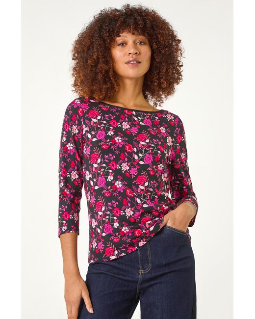 Roman Red Floral Print Contrast Trim Top