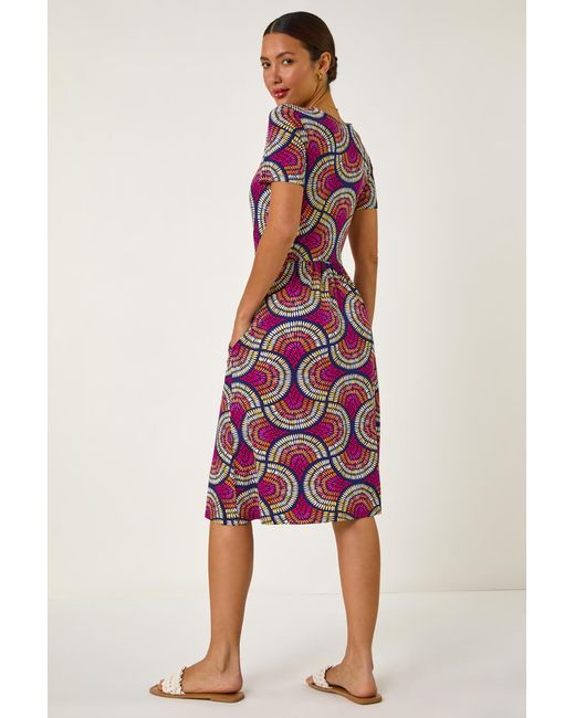 Roman Red Abstract Print Stretch Midi Dress