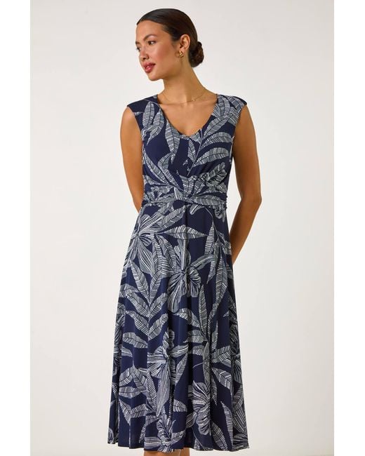 Roman Blue Leaf Print Twist Front Stretch Dress