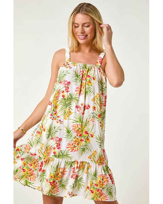 Roman Petite Yellow Print Strap Detail Frill Hem Dress