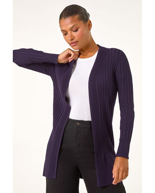 Roman Blue Longline Ribbed Knit Cardigan