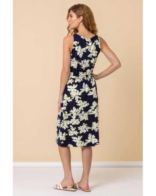 Roman Blue Floral Jersey Tie Waist Dress