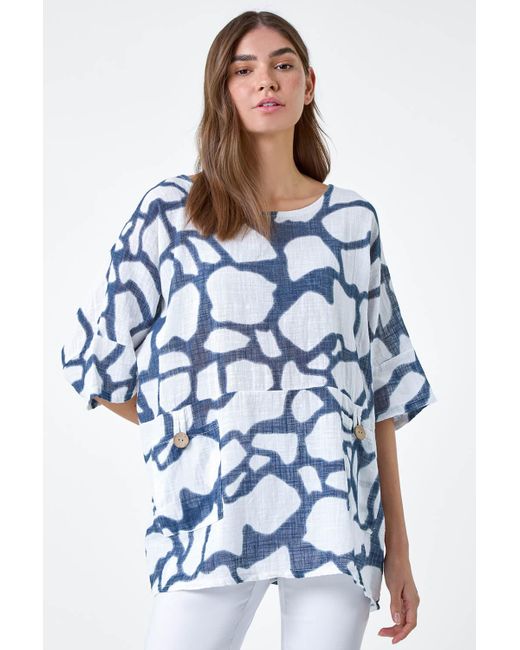 Roman Blue Animal Print Cotton Tunic Top