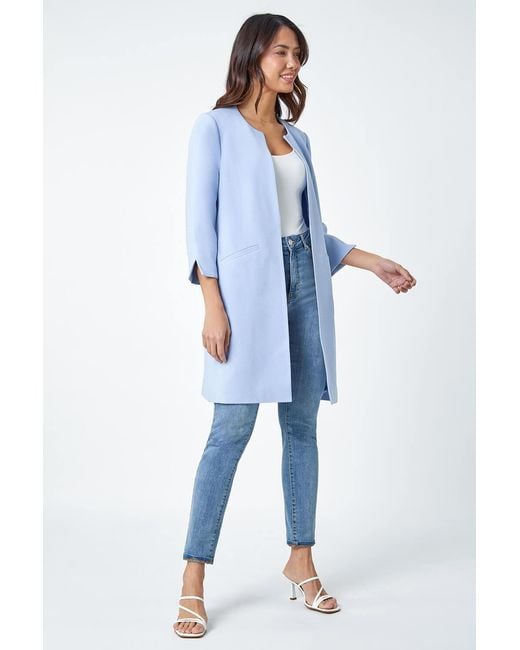 Roman Blue 3/4 Sleeve Textured Longline Smart Jacket