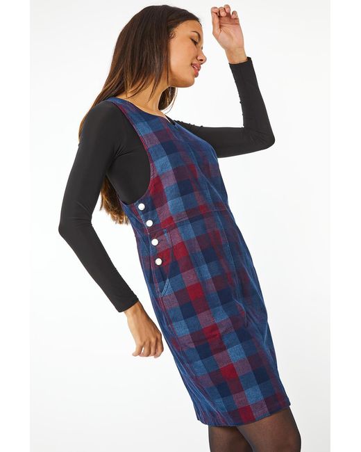 Roman Blue Check Corduroy Pinafore Dress