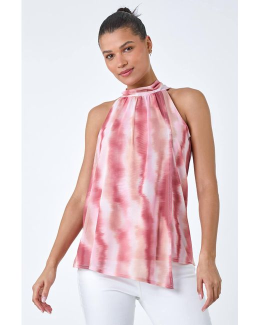 Roman Pink Printed Mesh High Neck Tie Top