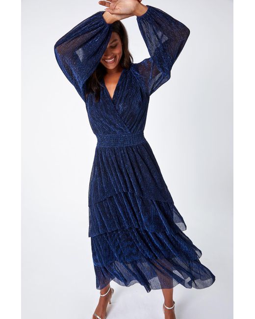 Roman Blue Originals Metallic Shirred Waist Tiered Midi Stretch Dress