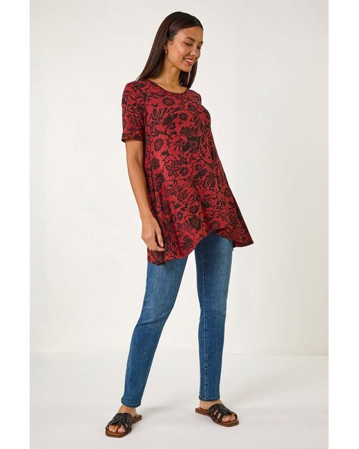 Roman Red Floral Print Hanky Hem Tunic Top