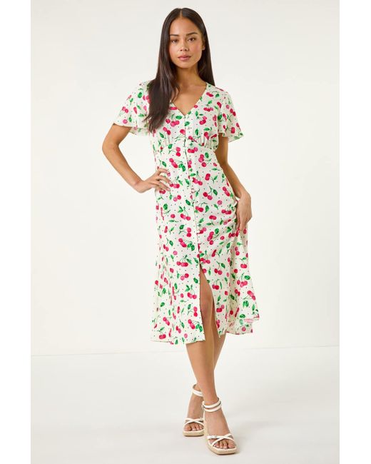 Roman Petite White Cherry Print Button Tea Dress